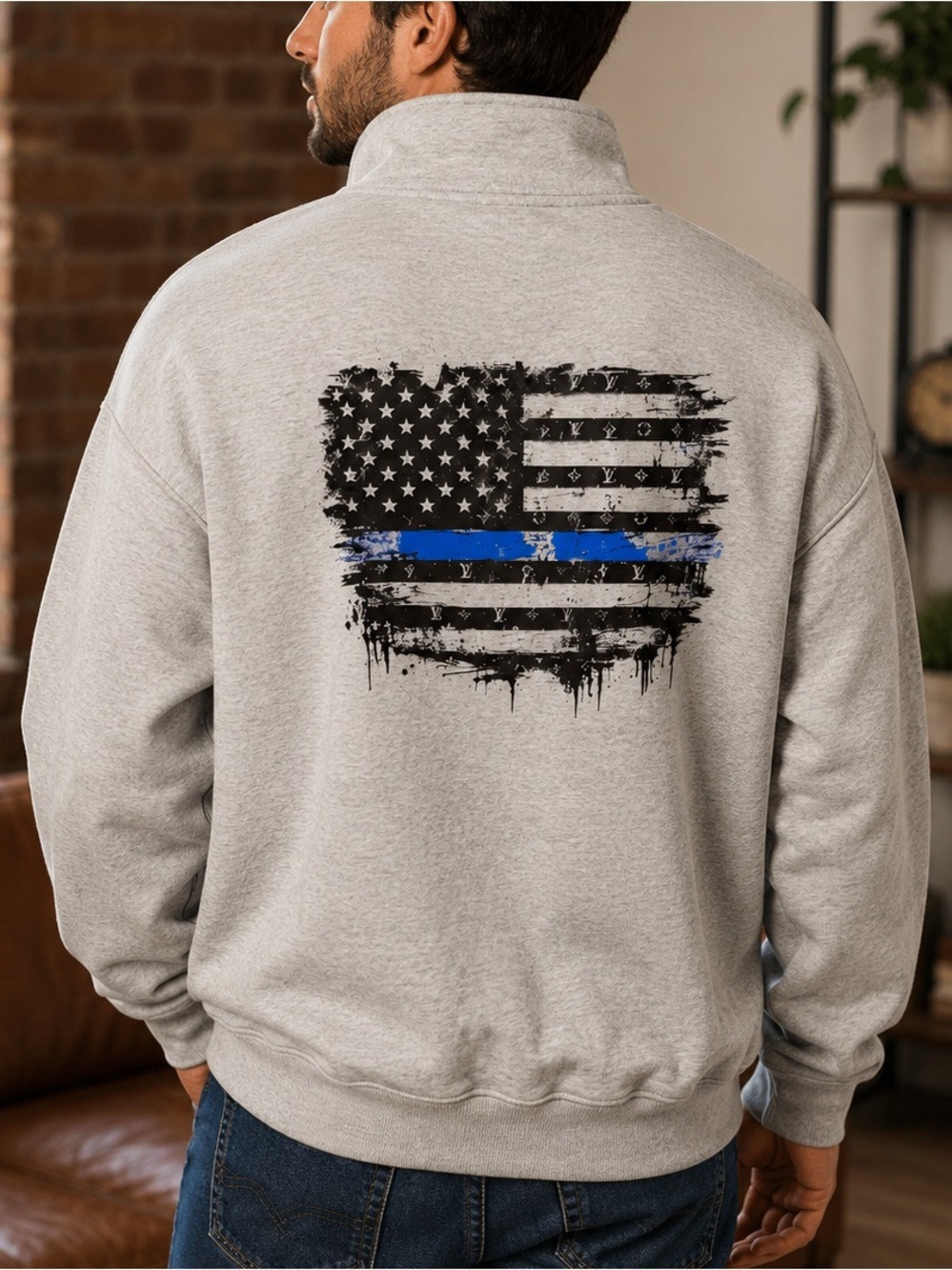 LV AMERICAN FLAG-Gray Pullover Sweatshirt with Thin Blue Line Flag Graphic XL